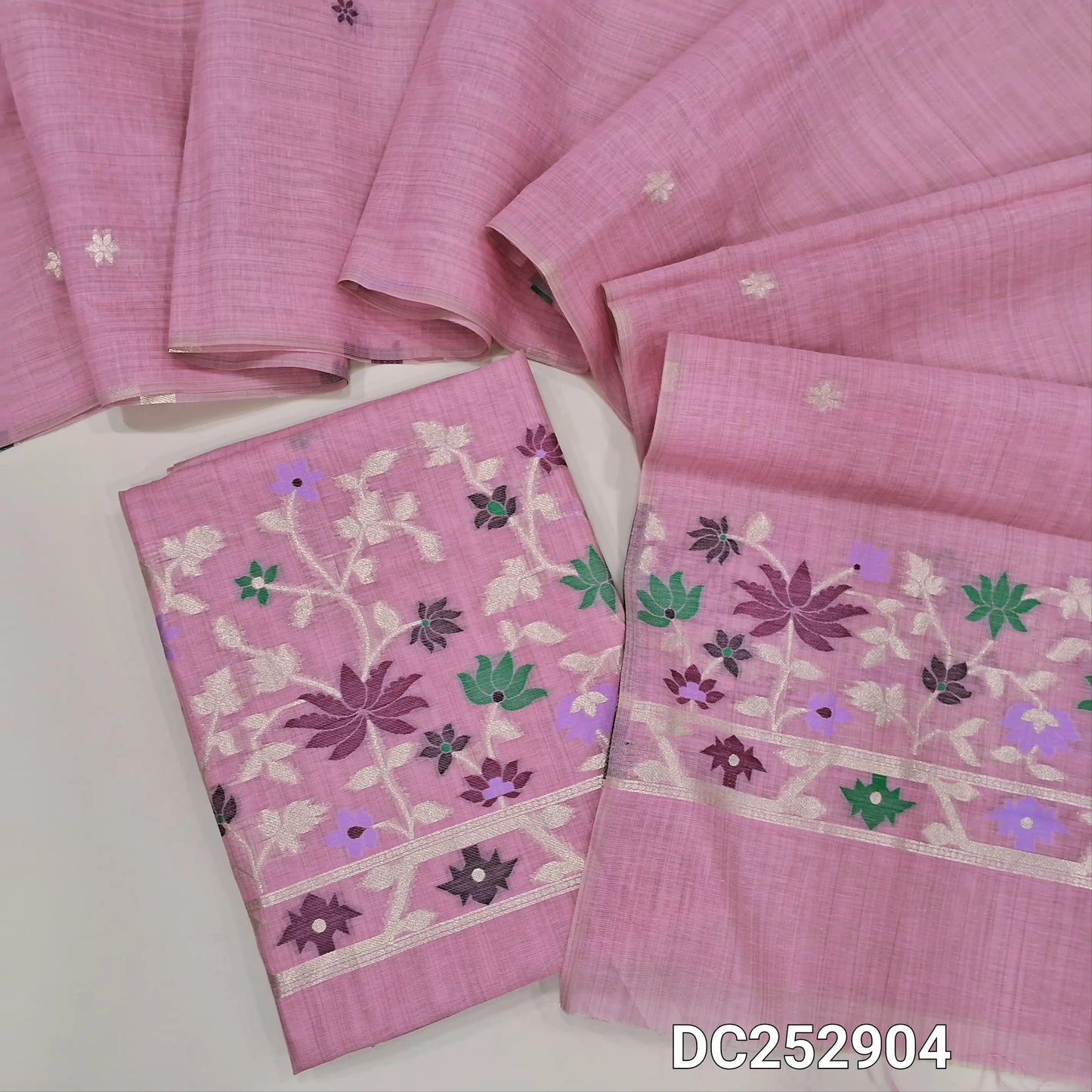 Designer pastel Pink jamdani woven premium silk cotton unstitched salwar material (lining needed) heavy jamdani woven on daman, NO BOTTOM, jamdani woven premium silk cotton full length dupatta. DC252904