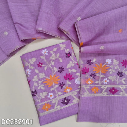 Designer light Purple jamdani woven premium silk cotton unstitched salwar material (lining needed) heavy jamdani woven on daman, NO BOTTOM, jamdani woven premium silk cotton full length dupatta. DC252901
