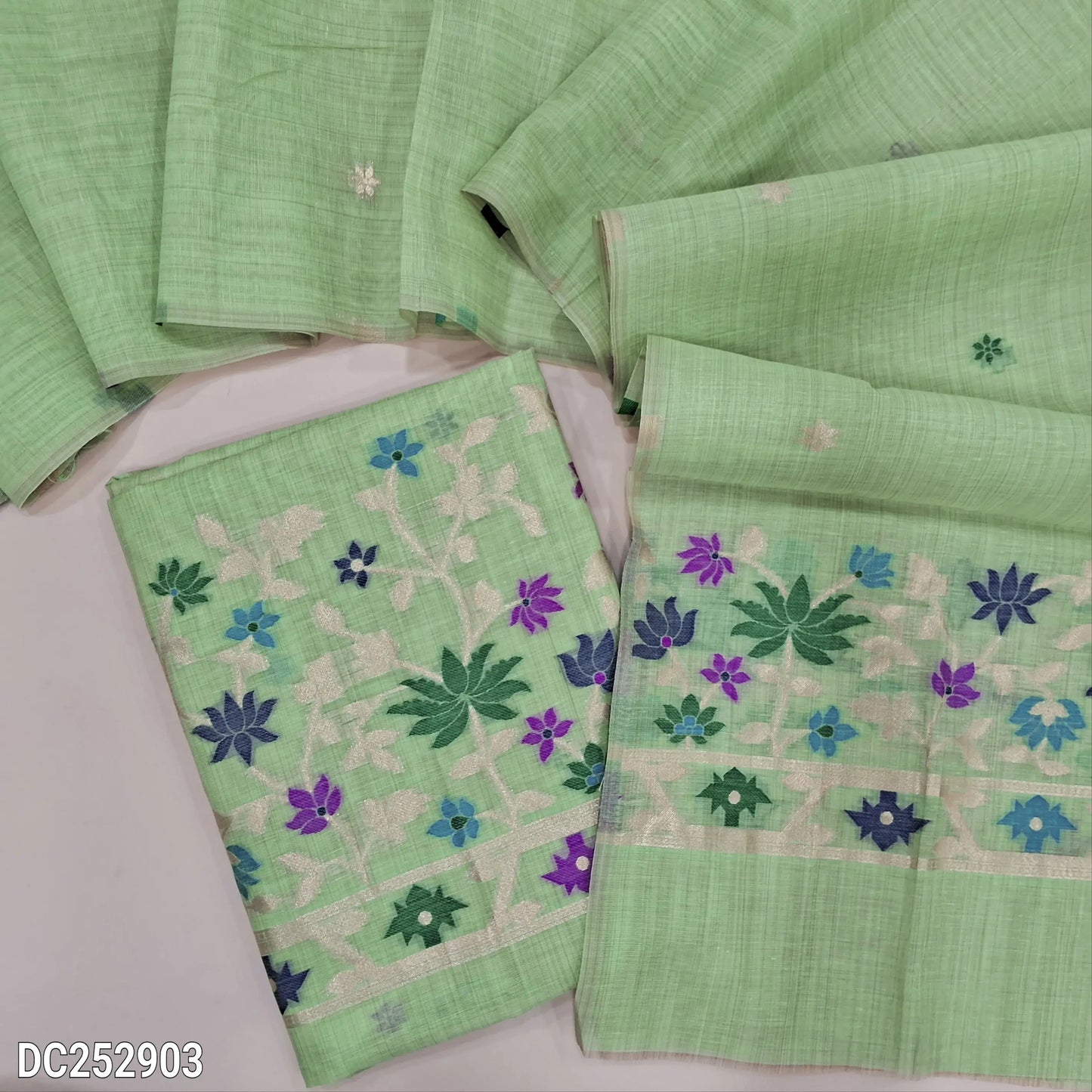 Designer pastel Green jamdani woven premium silk cotton unstitched salwar material (lining needed) heavy jamdani woven on daman, NO BOTTOM, jamdani woven premium silk cotton full length dupatta. DC252903
