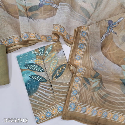 Designer digital printed olive Green silk cotton unstitched salwar material (lining needed) thread, zardozi work on front, matching santoon bottom, digital printed soft silk cotton dupatta. DC252913