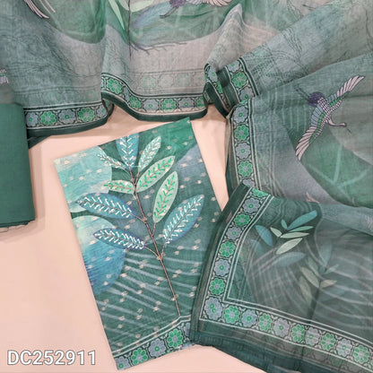 Designer digital printed Green silk cotton unstitched salwar material (lining needed) thread, zardozi work on front, matching santoon bottom, digital printed soft silk cotton dupatta. DC252911