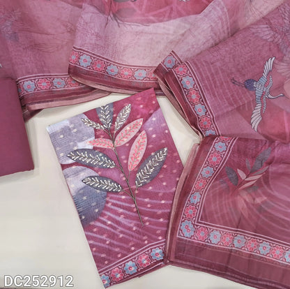 Designer digital printed Pink silk cotton unstitched salwar material (lining needed) thread, zardozi work on front, matching santoon bottom, digital printed soft silk cotton dupatta. DC252912
