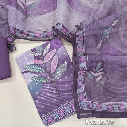 Designer digital printed Purple silk cotton unstitched salwar material (lining needed) thread, zardozi work on front, matching santoon bottom, digital printed soft silk cotton dupatta. DC252910