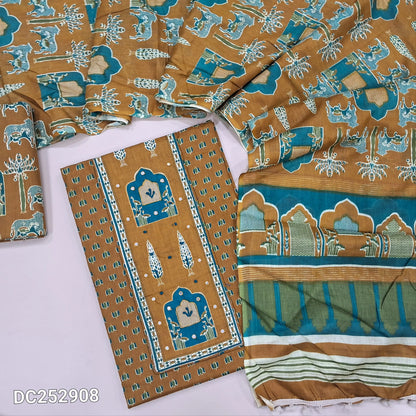 Printed mehandhi Yellow pure cotton unstitched salwar material (lining optional) thread work on yoke, printed cotton bottom, printed mul cotton dupatta with pompom tapings. DC252908