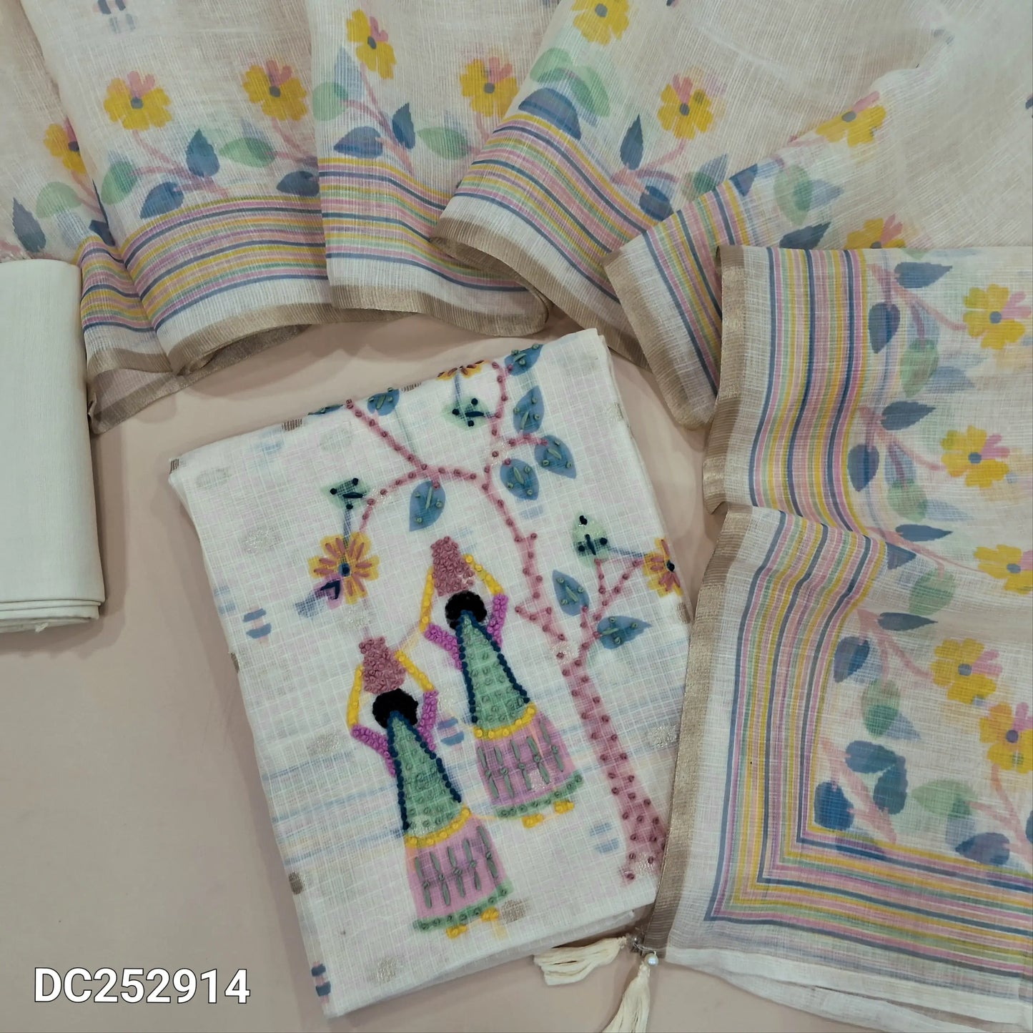 Premium digital printed half White kota silk cotton unstitched salwar material (lining needed) zari buttas allover, embroidery work on daman, matching spun cotton bottom, digital printed kota silk cotton dupatta. DC252914