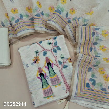 Premium digital printed half White kota silk cotton unstitched salwar material (lining needed) zari buttas allover, embroidery work on daman, matching spun cotton bottom, digital printed kota silk cotton dupatta. DC252914