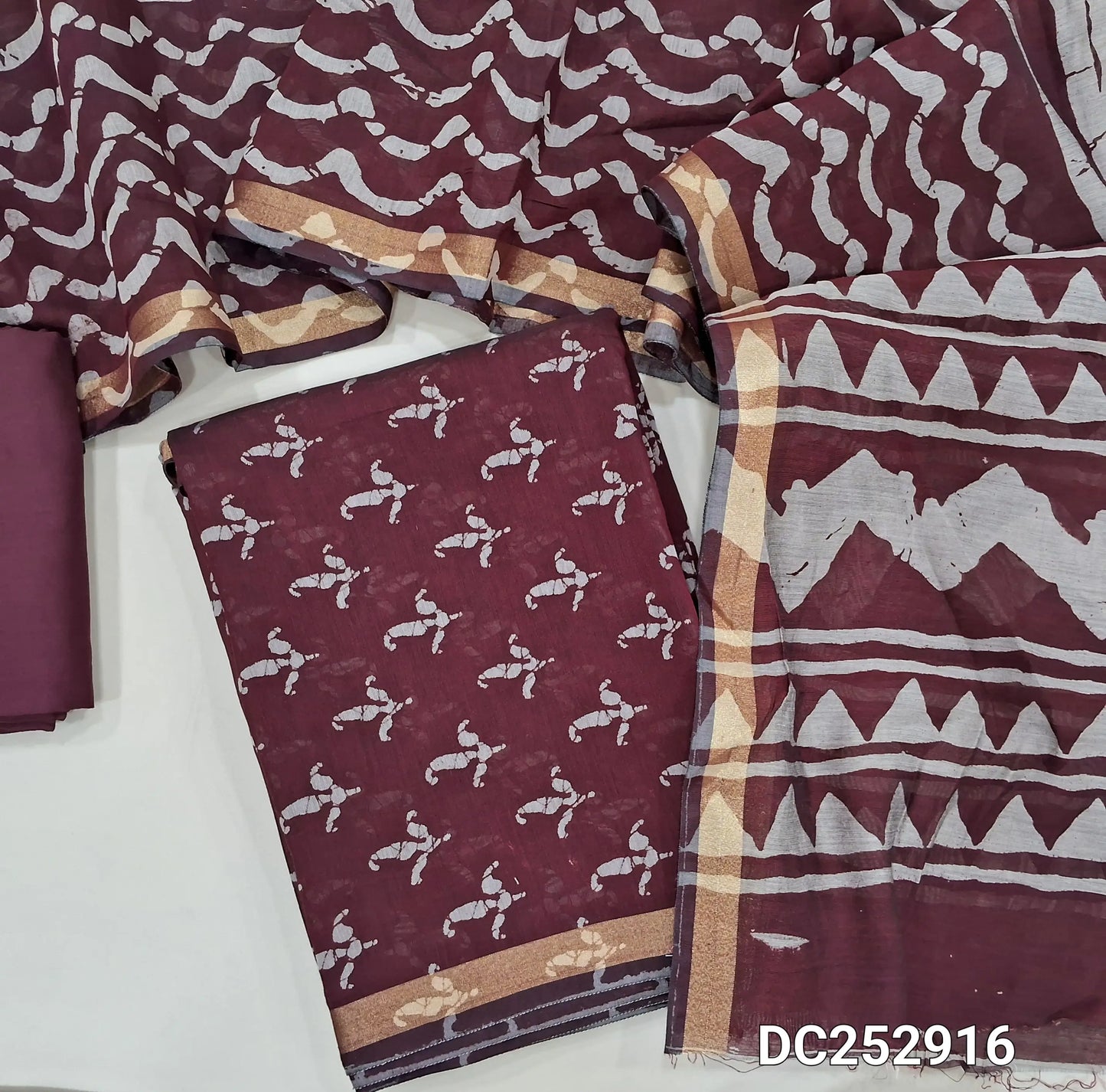 Digital printed batik design dark Maroon soft silk cotton unstitched salwar material (lining needed)tissue borders on daman, matching spun cotton bottom,  batik design soft silk cotton full length dupatta. DC252916