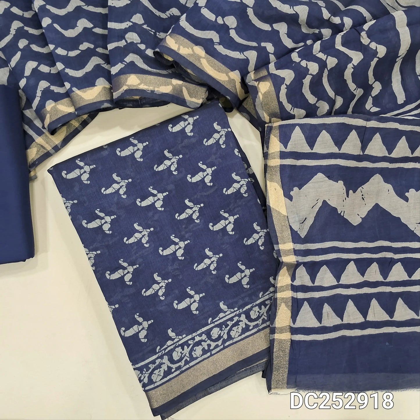 Digital printed batik design dark Blue soft silk cotton unstitched salwar material (lining needed)tissue borders on daman, matching spun cotton bottom,  batik design soft silk cotton full length dupatta. DC252918