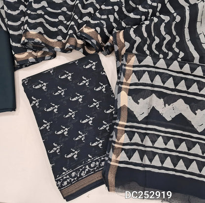 Digital printed batik design Black soft silk cotton unstitched salwar material (lining needed)tissue borders on daman, matching spun cotton bottom,  batik design soft silk cotton full length dupatta. DC252919