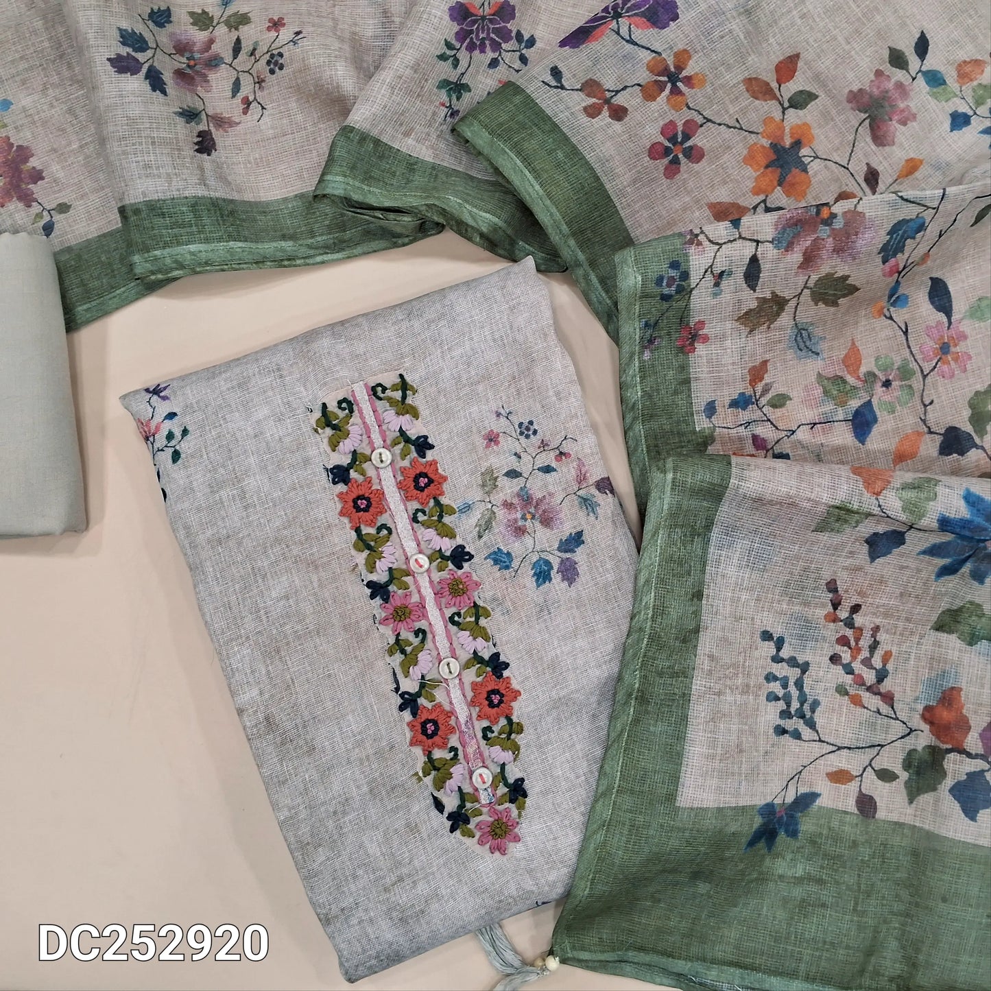 Designer floral printed Grey pure linen unstitched salwar material (lining needed) embroidery work on yoke, matching santoon bottom, floral printed pure linen dupatta. DC252920