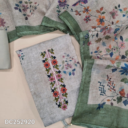 Designer floral printed Grey pure linen unstitched salwar material (lining needed) embroidery work on yoke, matching santoon bottom, floral printed pure linen dupatta. DC252920