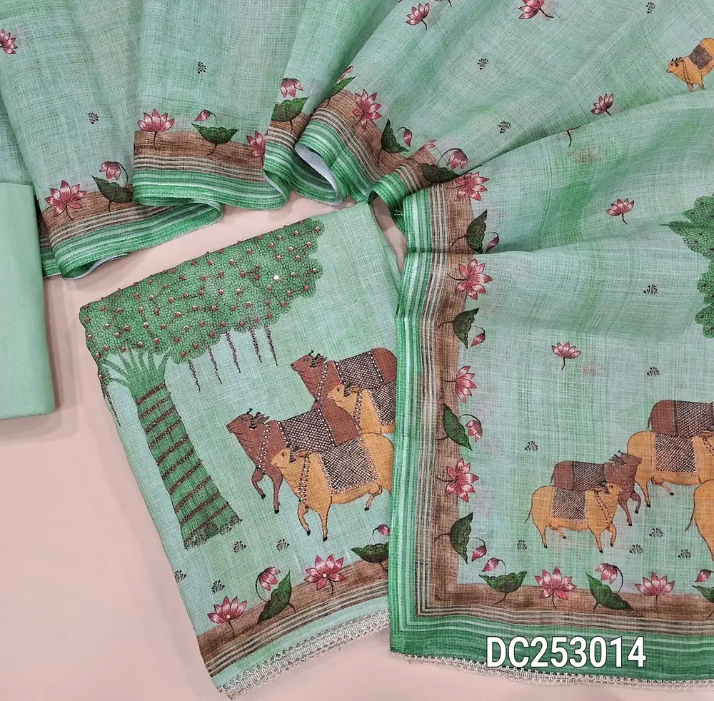 Designer pastel Green premium linen unstitched salwar material (lining needed) pichwai print, bead work on daman, matching lining provided, NO BOTTOM, digital printed premium linen dupatta. DC253013