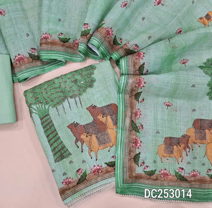 Designer pastel Green premium linen unstitched salwar material (lining needed) pichwai print, bead work on daman, matching lining provided, NO BOTTOM, digital printed premium linen dupatta. DC253013