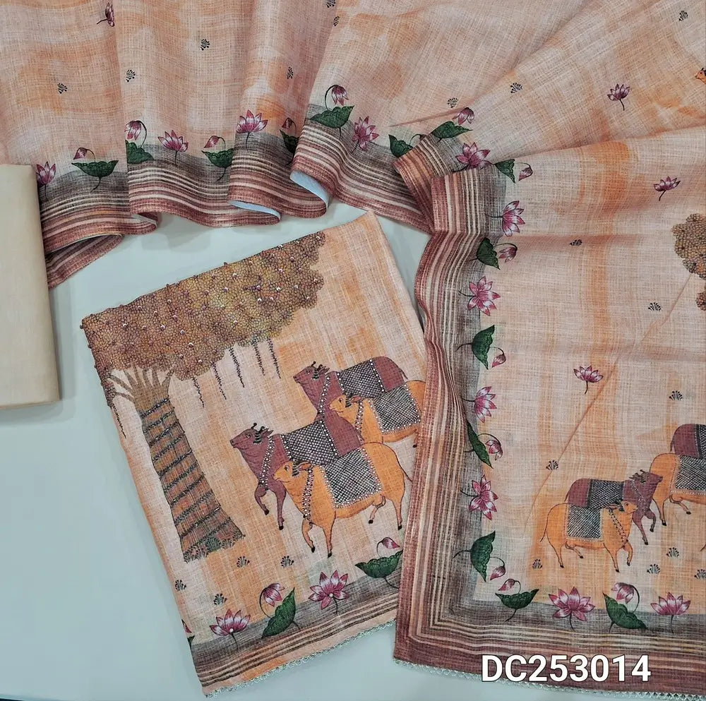 Designer pastel Peach premium linen unstitched salwar material (lining needed) pichwai print, bead work on daman, matching lining provided, NO BOTTOM, digital printed premium linen dupatta. DC253014