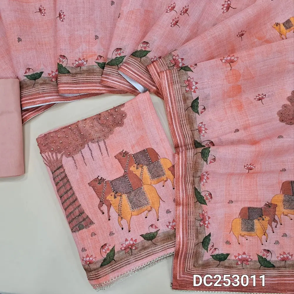 Designer Pink premium linen unstitched salwar material (lining needed) pichwai print, bead work on daman, matching lining provided, NO BOTTOM, digital printed premium linen dupatta. DC253011