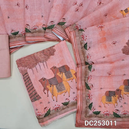 Designer Pink premium linen unstitched salwar material (lining needed) pichwai print, bead work on daman, matching lining provided, NO BOTTOM, digital printed premium linen dupatta. DC253011
