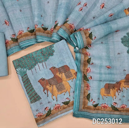 Designer powder Blue premium linen unstitched salwar material (lining needed) pichwai print, bead work on daman, matching lining provided, NO BOTTOM, digital printed premium linen dupatta. DC253012