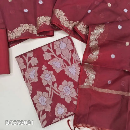 PREORDER SHIPPING AFTER 1 WEEK Premium Benaras woven Red soft silk cotton unstitched salwar material (lining needed) heavy daman work, matching silky bottom,  zari buttas on soft silk cotton dupatta with benaras woven borders. DC253001