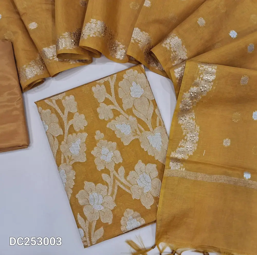 Premium Benaras woven mehandhi Yellow soft silk cotton unstitched salwar material (lining needed) heavy daman work, matching silky bottom,  zari buttas on soft silk cotton dupatta with benaras woven borders. DC253003