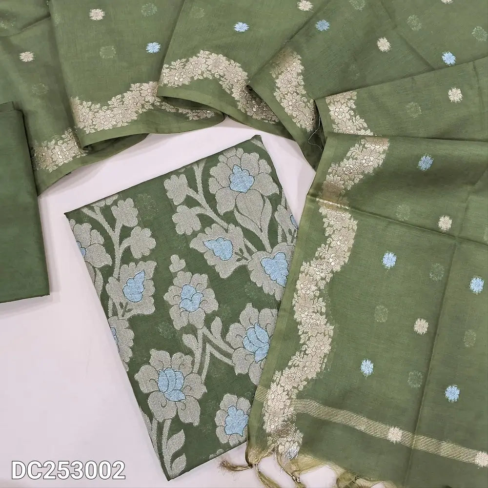 PREORDER SHIPPING AFTER 1 WEEK Premium Benaras woven olive Green soft silk cotton unstitched salwar material (lining needed) heavy daman work, matching silky bottom,  zari buttas on soft silk cotton dupatta with benaras woven borders. DC253002