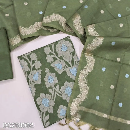 PREORDER SHIPPING AFTER 1 WEEK Premium Benaras woven olive Green soft silk cotton unstitched salwar material (lining needed) heavy daman work, matching silky bottom,  zari buttas on soft silk cotton dupatta with benaras woven borders. DC253002