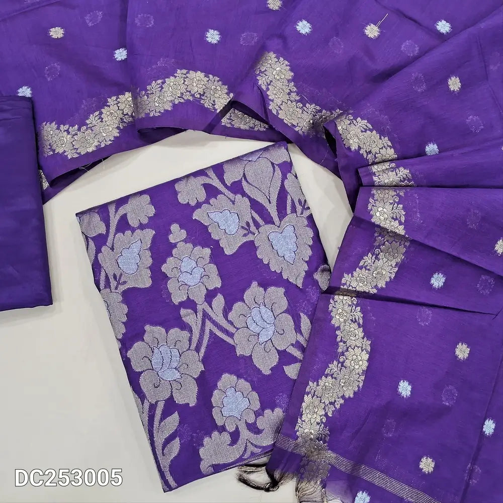 Dark Purple Premium Benarasi woven soft silk cotton unstitched salwar material (lining needed) heavy daman work, matching silky bottom,  zari buttas on soft silk cotton dupatta with benarasi woven borders. DC253004