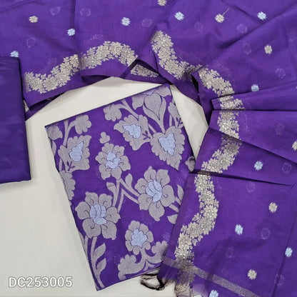 Dark Purple Premium Benarasi woven soft silk cotton unstitched salwar material (lining needed) heavy daman work, matching silky bottom,  zari buttas on soft silk cotton dupatta with benarasi woven borders. DC253004
