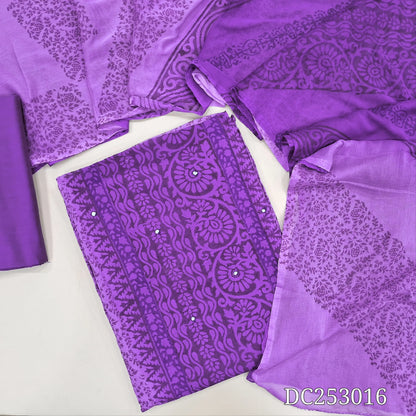 Light & dark Purple semi georgette unstitched salwar material (lining needed) hand block printed allover, panel design, matching silk cotton bottom, dual shaded block printed chiffon dupatta.DC253016