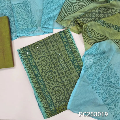 Green & pastel Blue semi georgette unstitched salwar material (lining needed) hand block printed allover, panel design, matching silk cotton bottom, dual shaded block printed chiffon dupatta. DC253019