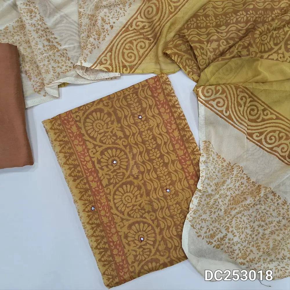 Beige & mehandhi Yellow semi georgette unstitched salwar material (lining needed) hand block printed allover, panel design, matching silk cotton bottom, dual shaded block printed chiffon dupatta. DC253018