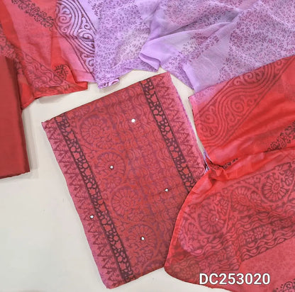 Light & dark Pink semi georgette unstitched salwar material (lining needed) hand block printed allover, panel design, matching silk cotton bottom, dual shaded block printed chiffon dupatta. DC253020