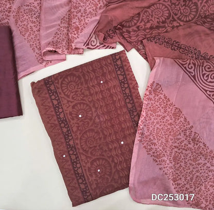 Maroon & Pink semi georgette unstitched salwar material (lining needed) hand block printed allover, panel design, matching silk cotton bottom, dual shaded block printed chiffon dupatta. DC253017