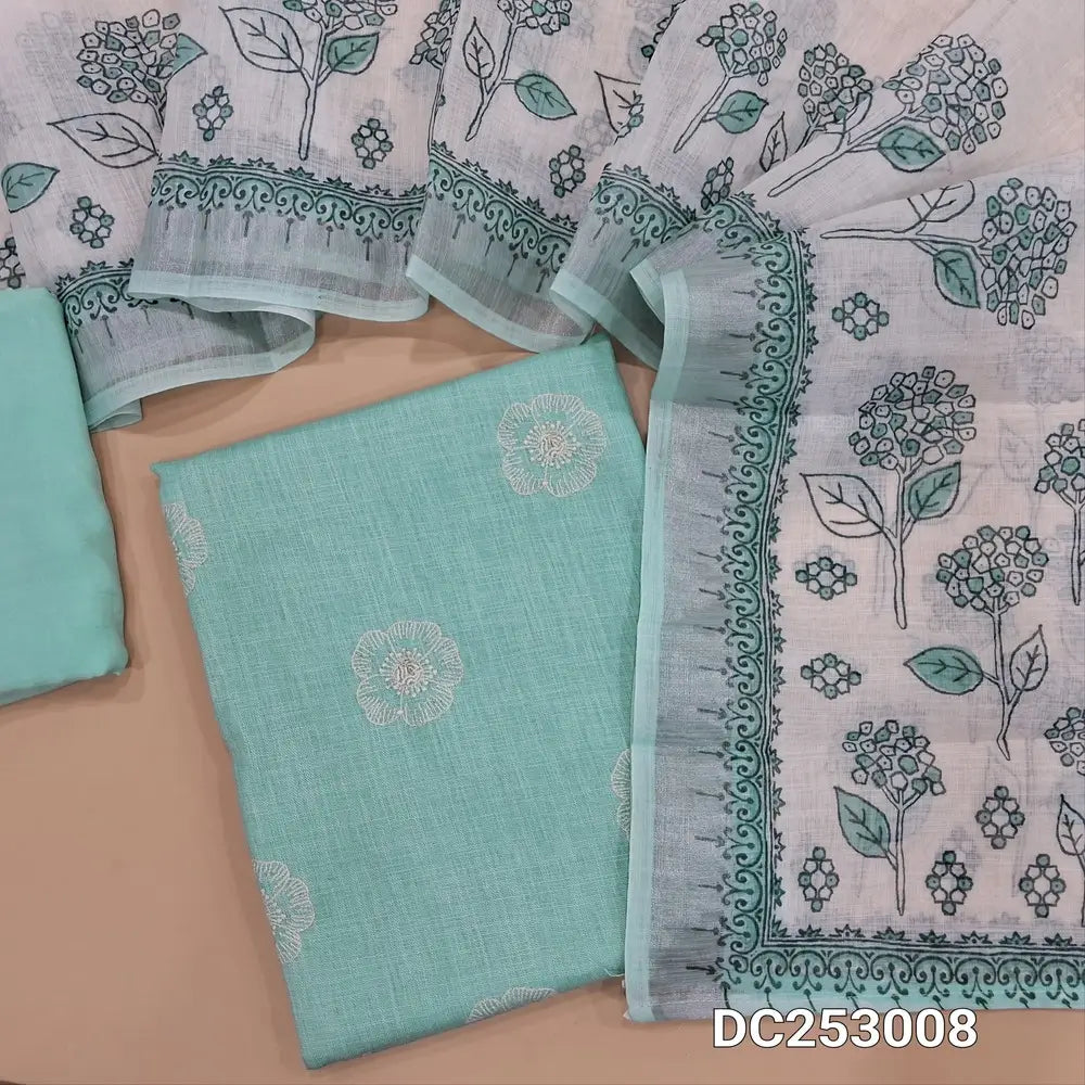 PREORDER SHIPPING AFTER 1 WEEK Pastel Blue semi linen unstitched salwar material (textured, lining needed) floral embroidery on front, matching santoon bottom, floral  printed semi  linen dupatta. DC253008