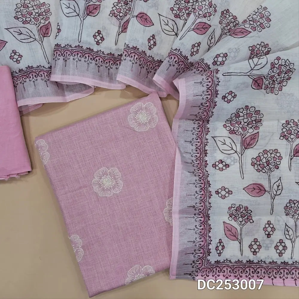 PREORDER SHIPPING AFTER 1 WEEK Baby Pink semi linen unstitched salwar material (textured, lining needed) floral embroidery on front, matching santoon bottom, floral  printed semi  linen dupatta. DC253007