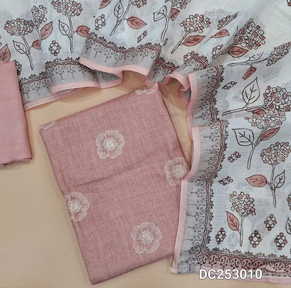 Light onion Pink semi linen unstitched salwar material (textured, lining needed) floral embroidery on front, matching santoon bottom, floral  printed semi  linen dupatta. DC253010