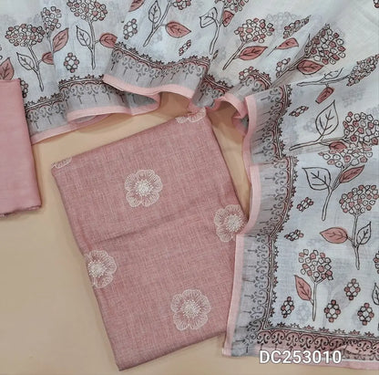 Light onion Pink semi linen unstitched salwar material (textured, lining needed) floral embroidery on front, matching santoon bottom, floral  printed semi  linen dupatta. DC253010