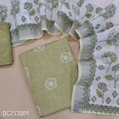Pastel Green semi linen unstitched salwar material (textured, lining needed) floral embroidery on front, matching santoon bottom, floral  printed semi  linen dupatta. DC253009