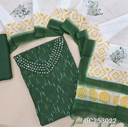 Ikat woven bottle Green handloom cotton unstitched salwar material (lining needed) thread work on yoke, matching drum dyed cotton bottom, block printed fancy kota silk cotton dupatta. DC253022