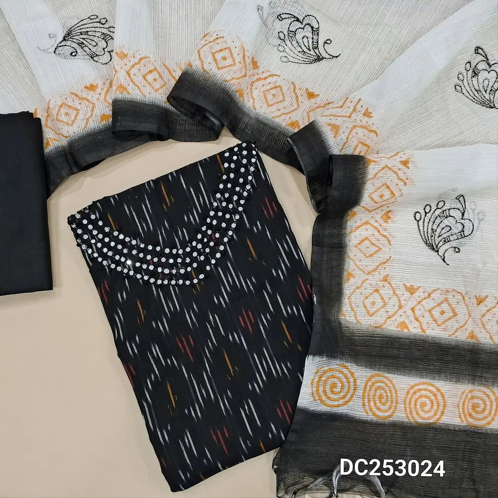 Ikat woven Black handloom cotton unstitched salwar material (lining needed) thread work on yoke, matching drum dyed cotton bottom, block printed fancy kota silk cotton dupatta. DC253024