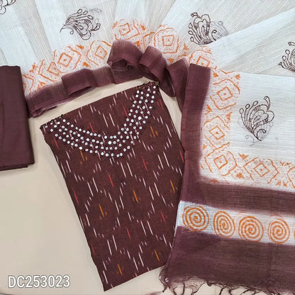 Ikat woven dark Maroon handloom cotton unstitched salwar material (lining needed) thread work on yoke, matching drum dyed cotton bottom, block printed fancy kota silk cotton dupatta. DC253023