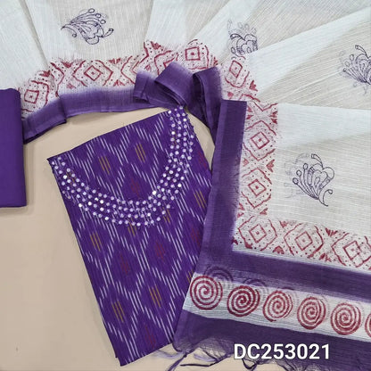 Ikat woven Purple handloom cotton unstitched salwar material (lining needed) thread work on yoke, matching drum dyed cotton bottom, block printed fancy kota silk cotton dupatta. DC253021