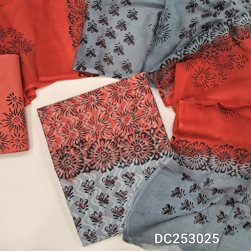 Orange & Grey pure jakard cotton unstitched salwar material (lining needed) block printed allover, block printed cotton bottom, block printed dual shaded chiffon dupatta(TAPING NEEDED). DC253025