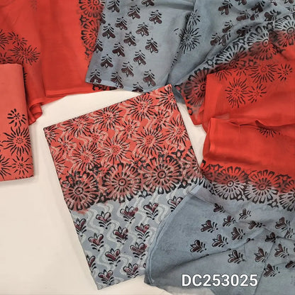 Orange & Grey pure jakard cotton unstitched salwar material (lining needed) block printed allover, block printed cotton bottom, block printed dual shaded chiffon dupatta(TAPING NEEDED). DC253025
