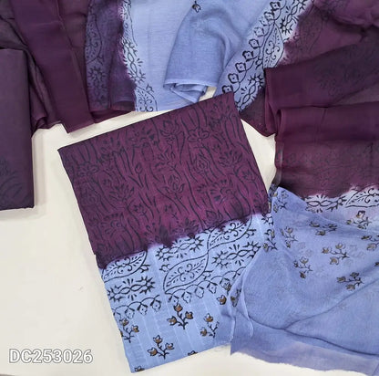 Lavender & dark wine purple pure jakard cotton unstitched salwar material (lining needed) block printed allover, block printed cotton bottom, block printed dual shaded chiffon dupatta(TAPING NEEDED). DC253026