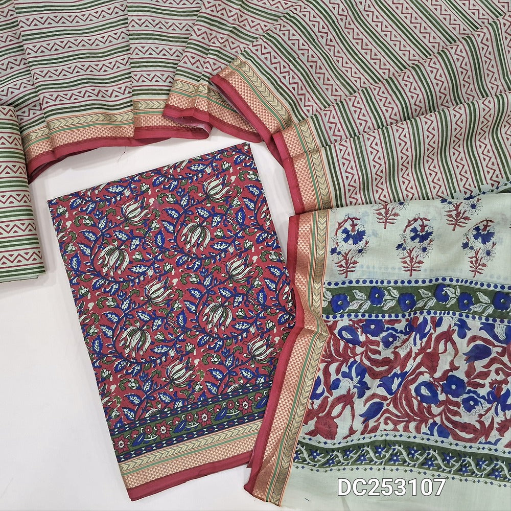 Floral printed dark Maroon soft pure cotton unstitched salwar material (lining needed) zari woven borders, printed cotton bottom, printed mul cotton dupatta with zari woven borders. DC253107