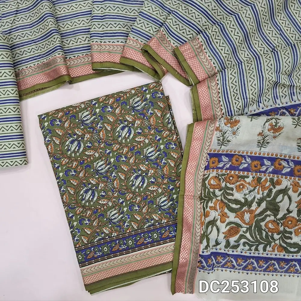 Floral printed olive Green soft pure cotton unstitched salwar material (lining needed) zari woven borders, printed cotton bottom, printed mul cotton dupatta with zari woven borders. DC253108