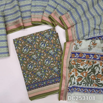 Floral printed olive Green soft pure cotton unstitched salwar material (lining needed) zari woven borders, printed cotton bottom, printed mul cotton dupatta with zari woven borders. DC253108