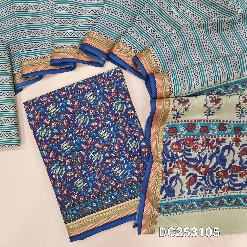 Floral printed royal Blue soft pure cotton unstitched salwar material (lining needed) zari woven borders, printed cotton bottom, printed mul cotton dupatta with zari woven borders. DC253105
