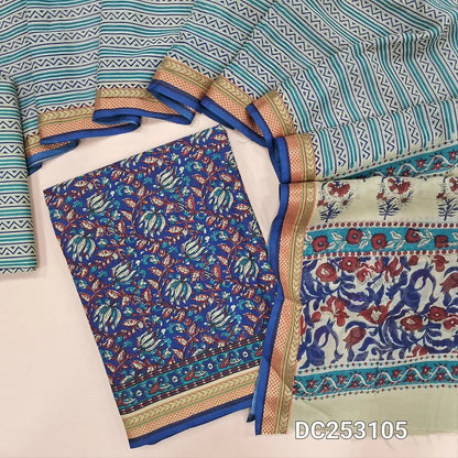 Floral printed royal Blue soft pure cotton unstitched salwar material (lining needed) zari woven borders, printed cotton bottom, printed mul cotton dupatta with zari woven borders. DC253105
