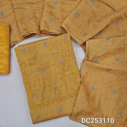 Mehandhi Yellow  semi linen unstitched salwar material (lining needed) embroidery, sequins work on front, matching silky bottom, embroidery work on soft fancy silk cotton dupatta. DC253110